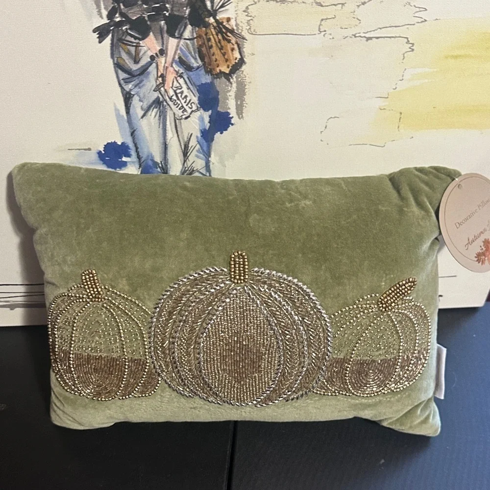 Autumn Hill sage green with gold and silver beaded decor pillow